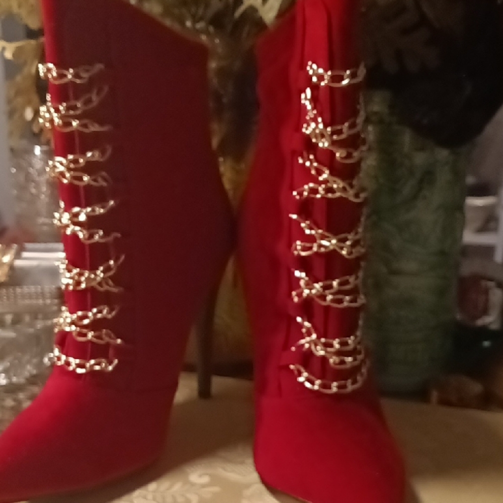 Red Stiletto Boots with Gold Chain Detail